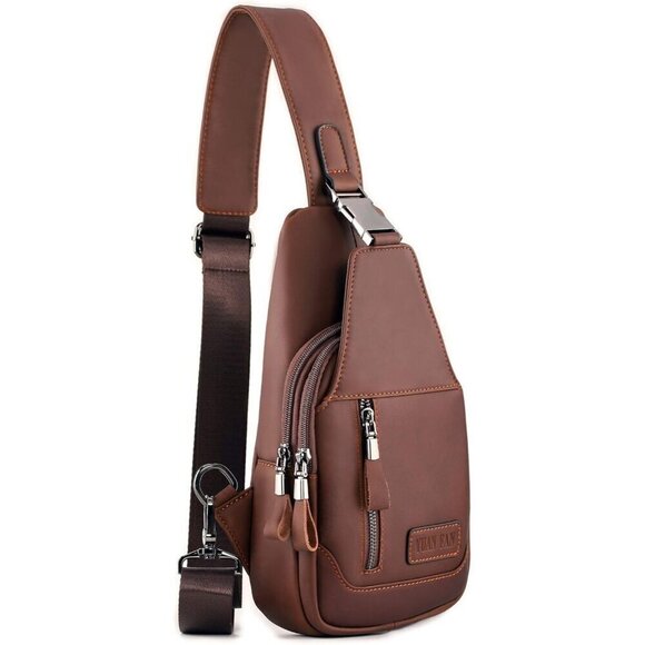 💫 Men Brown Cowboys Sling Leather Chest Waterproof Anti Theft Shoulder Bag - Picture 1 of 9